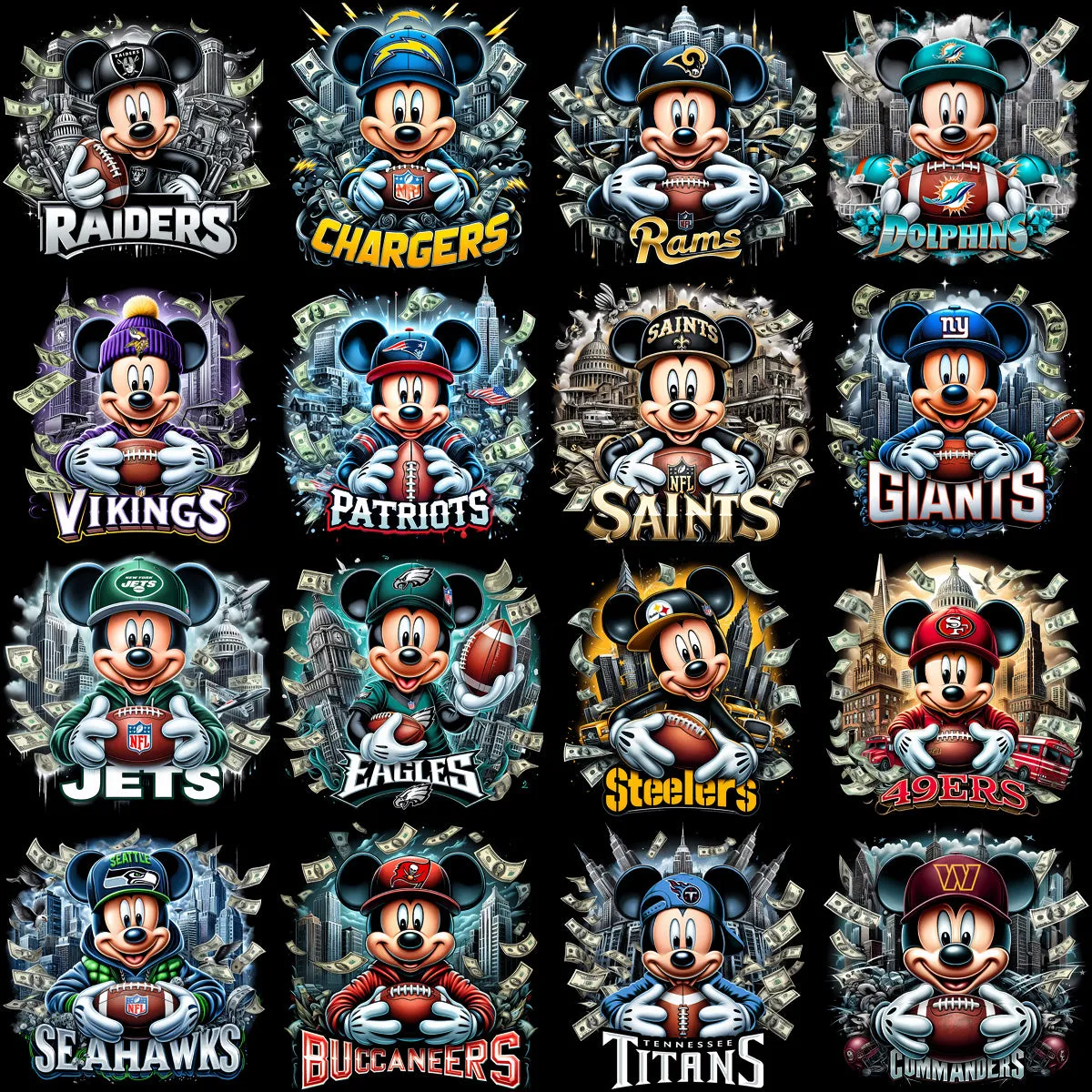 32 Cartoon Mickey Money Football Teams Designs Bundle PNG