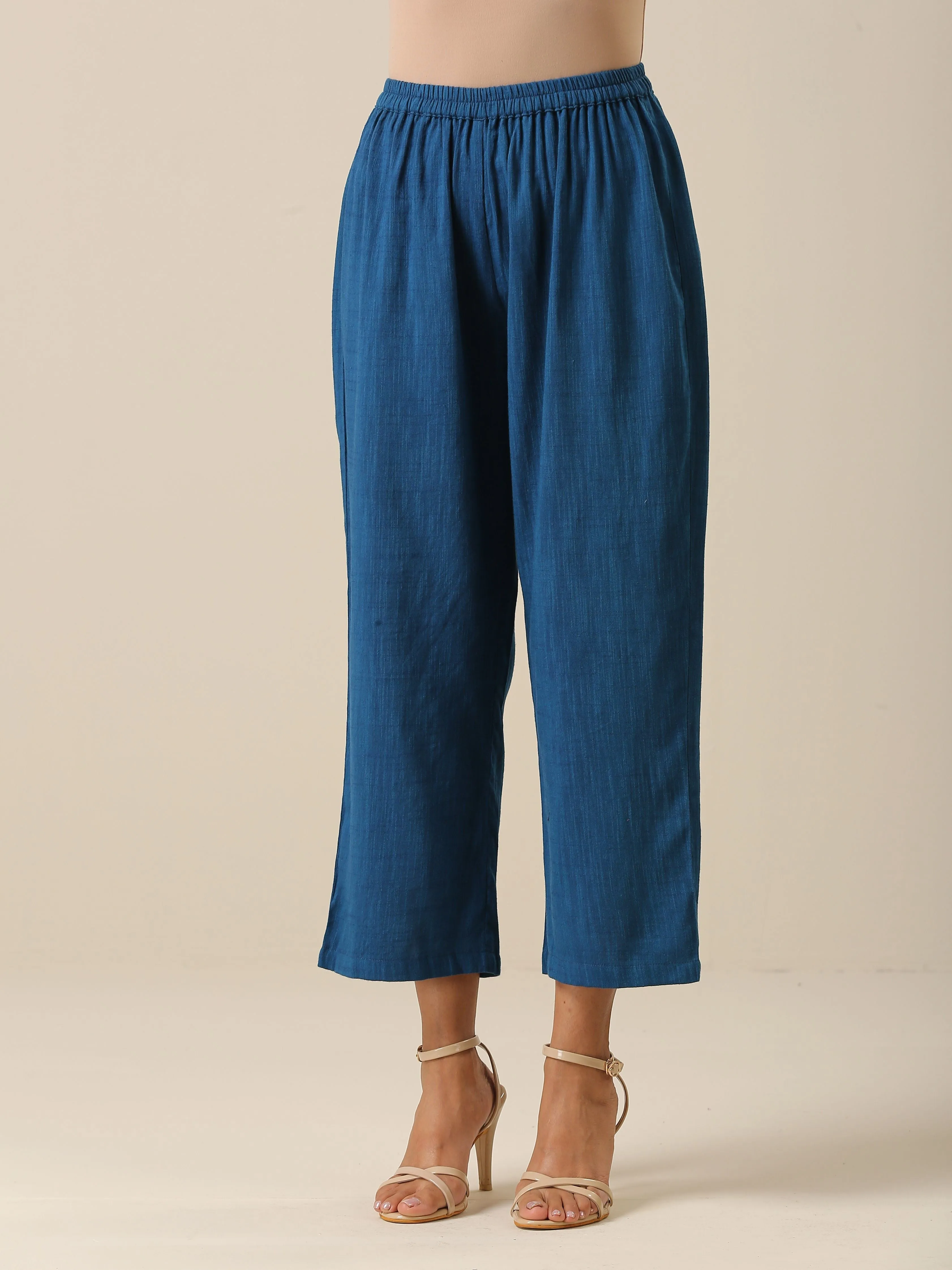 Classic Blue Slub Texture Sleeveless Flared Kurta Pant Set