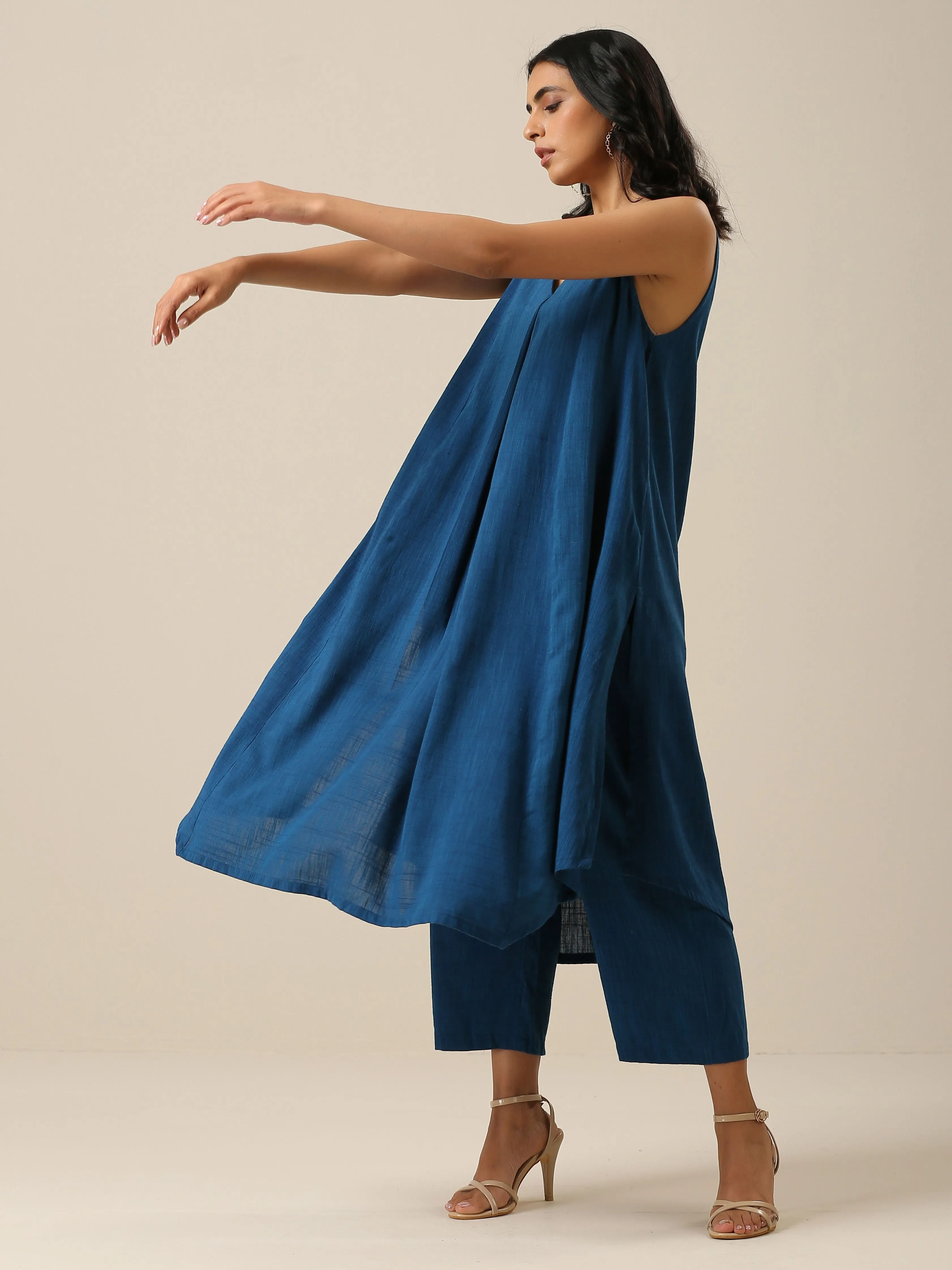 Classic Blue Slub Texture Sleeveless Flared Kurta Pant Set