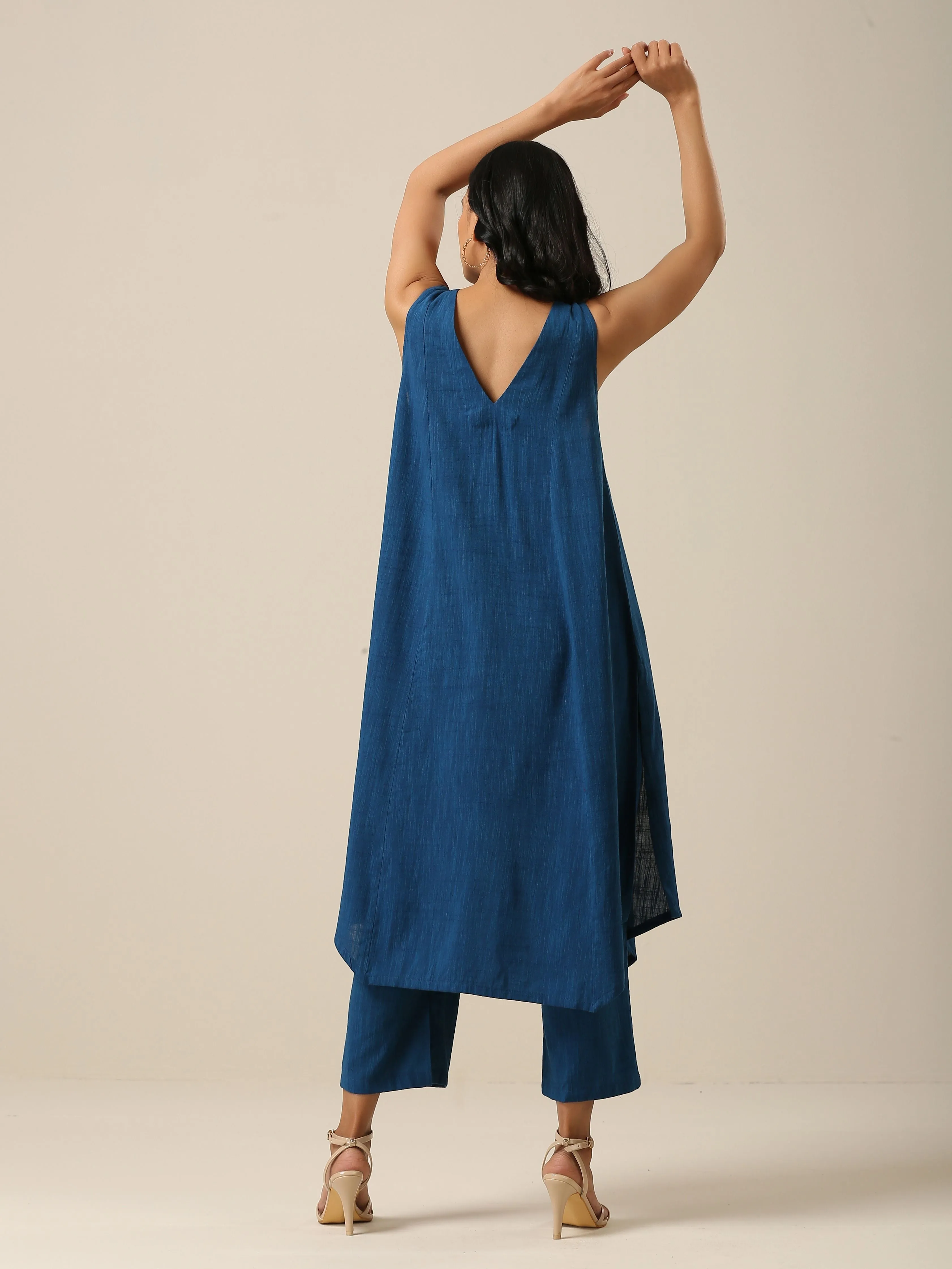 Classic Blue Slub Texture Sleeveless Flared Kurta Pant Set