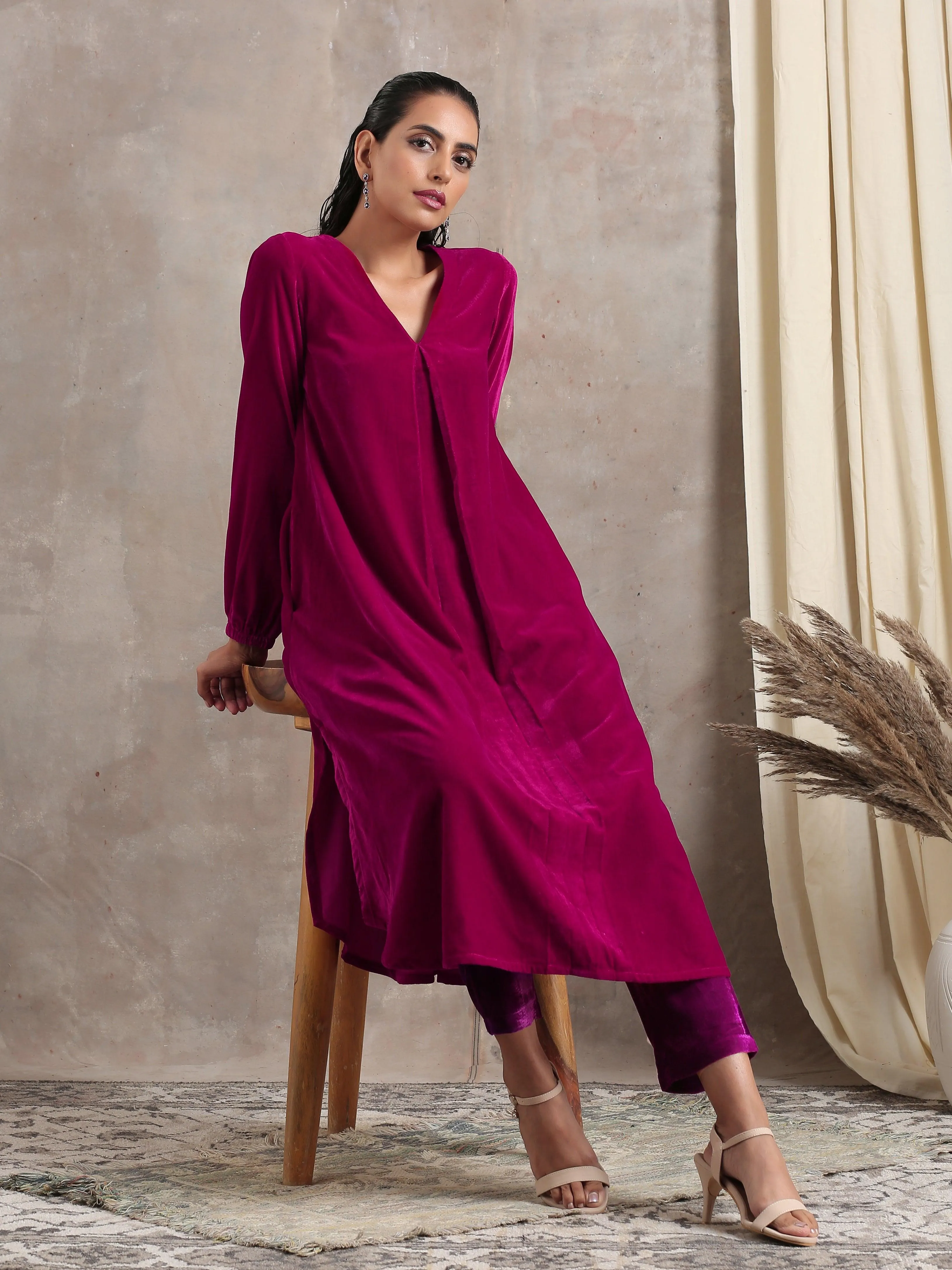 Pink Velvet Pleated Kurta